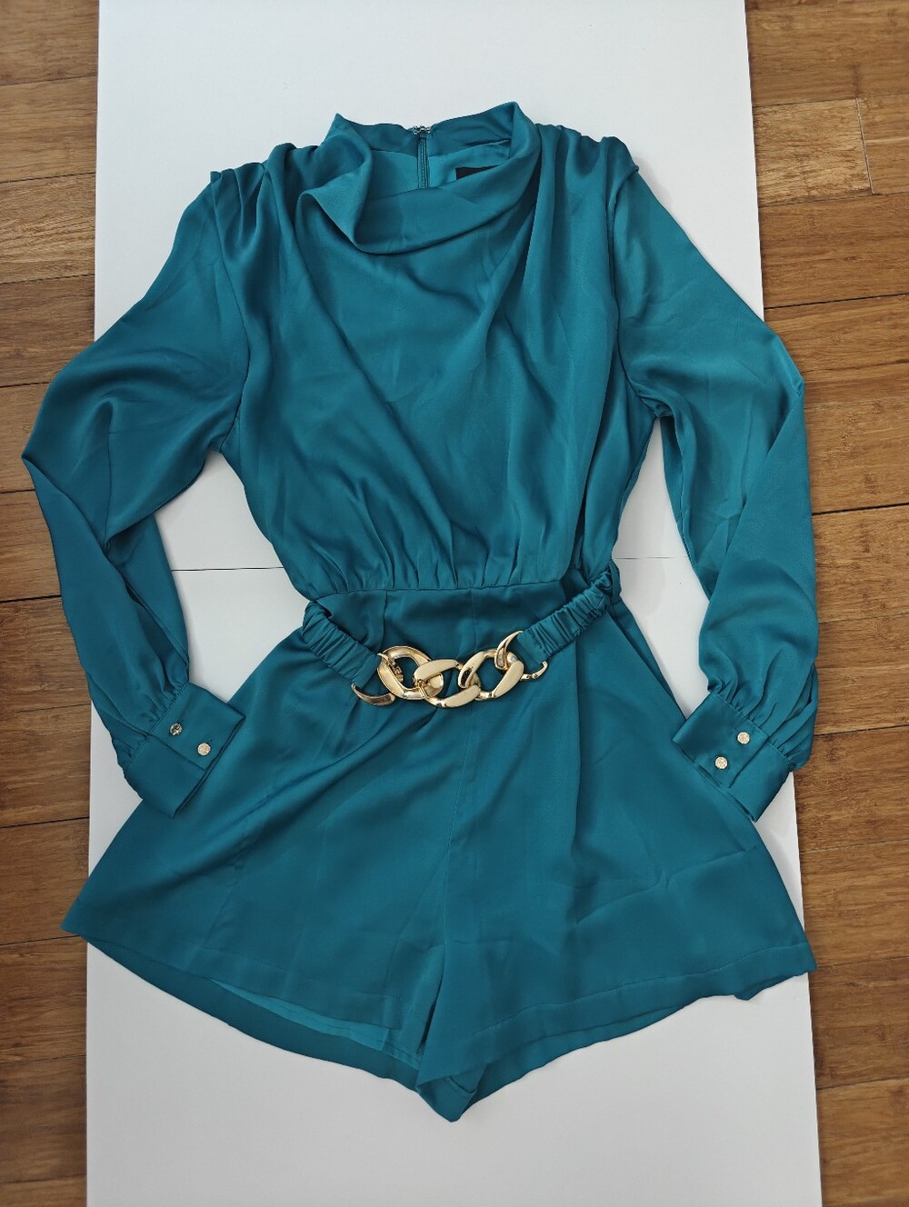 Do & Be Teal Satin Long-Sleeve Romper with Gold Chain Detail - Size Small